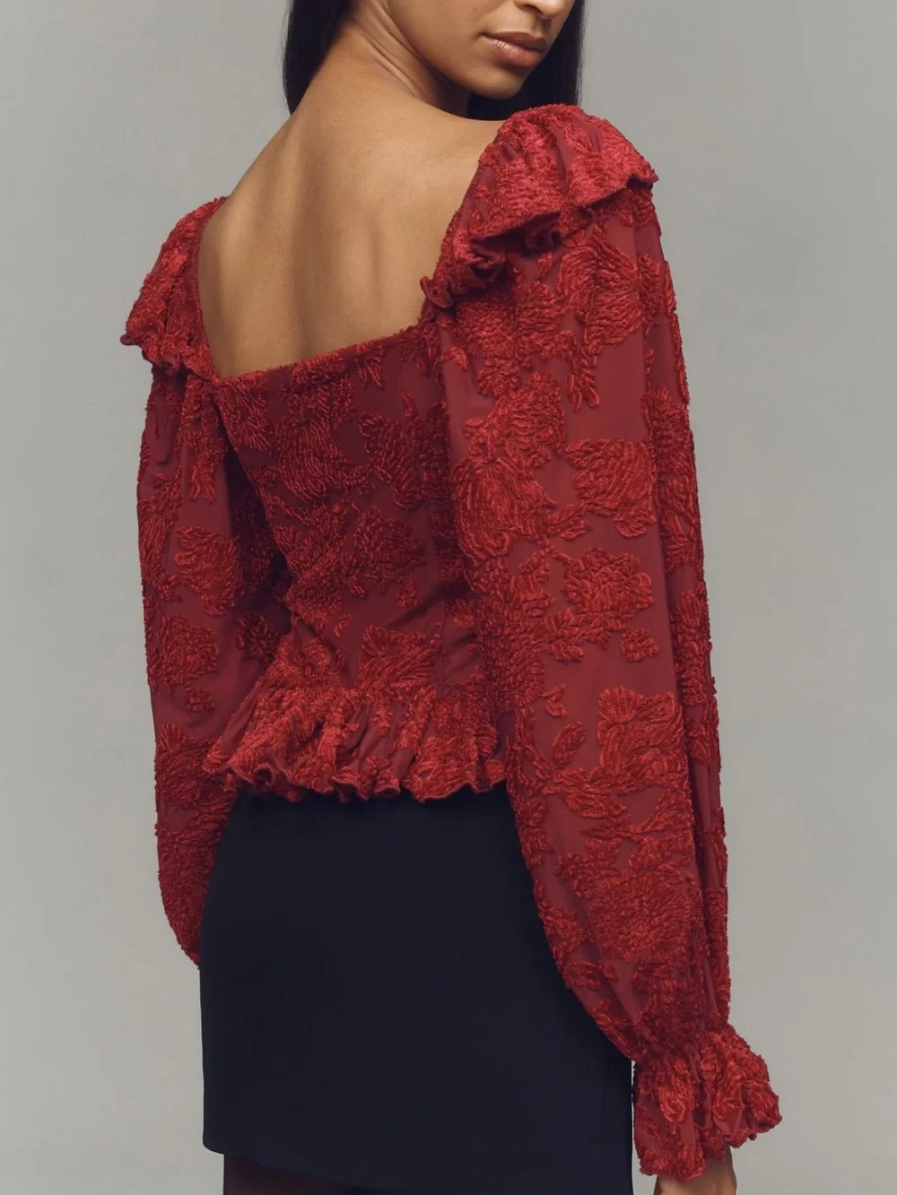 Anthropologie Red Textured Ruffled Button-Front Blouse